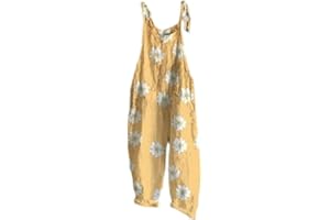 MARSVOVO Floral Printed Bohemian Jumpsuits for Women Sleeveless Spaghetti Strap Rompers Wide Leg Bib Overall with Pockets