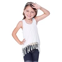 Kavio! Little Girls 3-6X Sheer Jersey Scoop Neck Macrame Fringe Asymmetrical Tank White 5/6