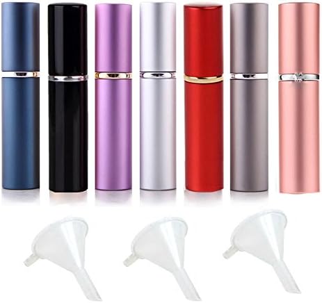 Glitterymall 7 Pack 6mL Portable Mini Refillable Perfume Scent Aftershave Atomizer Empty Spray Bottle Sprayers with 4 Funnel Filler for Travel Purse (6 mL 7 Colors Mix)