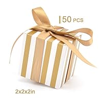 Woparty Candy Box Bulk 2x2x2 inch with Ribbon Gold and White Stripes Design for Wedding Candy Box