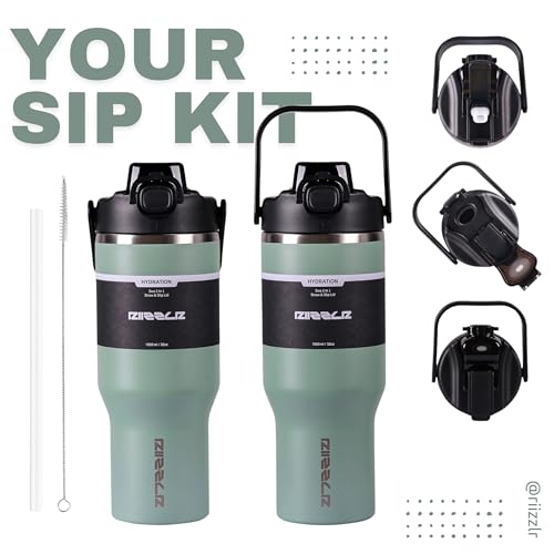 RIIZZLR® 1000ml Insulated Water Bottle Tumbler with 2-in-1 Straw & Sip Lid – Stainless Steel Vacuum Flask, Double Wall, BPA-Free, Leakproof, Wide Mouth, Keeps Drinks Hot 12H / Cold 24H (Sage Green)