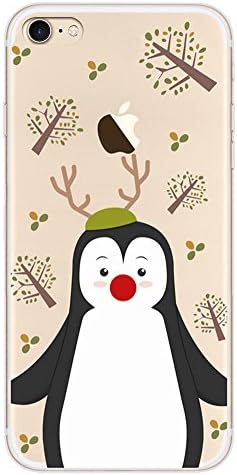 Buyus iPhone 8 / 7 Case Clear with Design, Soft Thin TPU Rubber Silicone Back Protective Cover Bumper with Cute Animal Pattern (Penguin with Green Hat, Antlers, Leaves and Trees)