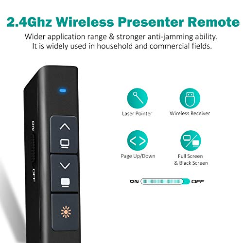 Yantop Wireless Presenter, 2.4GHz PowerPoint PPT Clicker, 98-ft Wireless Range Presenter Presentation Remote Control, Presentation Pointer Red(Power<1mW) with Anti-Lost Magnetic Mini USB Receiver