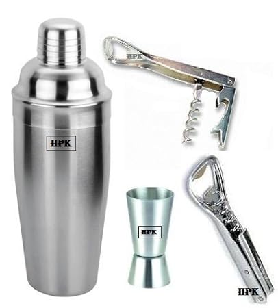 HPK Bar Accessories-Tripple Pack of hpk Stainless Steel Cocktail Shaker Opener and peg Double Sided Measurement Glass