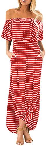 BaZhaHei Women Maxi Dress Striped Print Long Dress with Pockets Short Sleeve Off Shoulder Sundress Ruffles Side Split Loose Dress