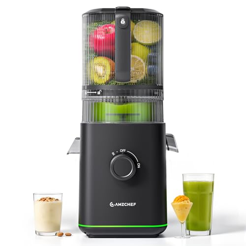 AMZCHEF Cold Press Juicer, Slow Masticating Juicer with 160mm Wide Feed Chute & 2.5L Large Hopper, 3-in-1 Juicer Machines with 2 Strainers(Juice, Nut Milk & Sorbet), Quiet Motor, Quick Release Design