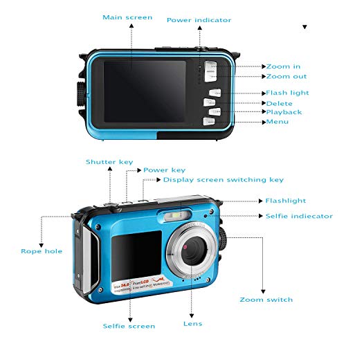 Waterproof Digital Camera Full HD 1080P Underwater Camera 24MP Video Recorder Camcorder Point and Shoot Camera Selfie Dual Screen Waterproof Camera for Snorkeling with Charger