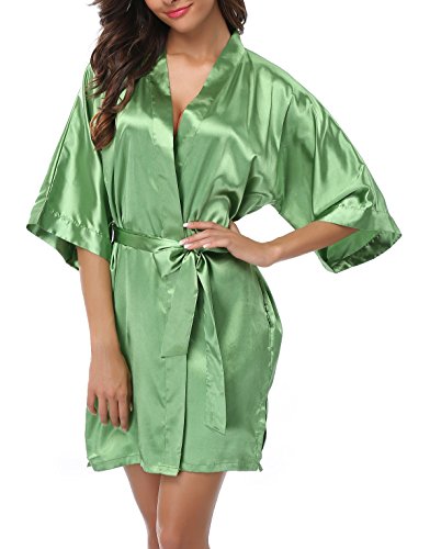 FADSHOW Women's Pure Color Kimono Robes Short Wedding Robes for Bridal Party,Apple Green,Medium
