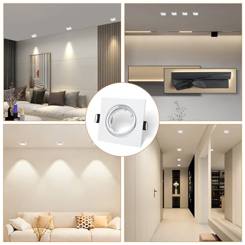 LteelDay 12 x LED Recessed Frames with GU10 Lampholders, Square White Matt in Metal, Cutout 68-80 mm, Rotatable 30°, Incl. GU10 Lamp Holder for LED or Halogen Bulbs