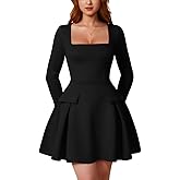 XXTAXN Women's Sexy Corest Long Sleeve Square Neck Ruffle Pleated Wedding Guest A Line Mini Dress