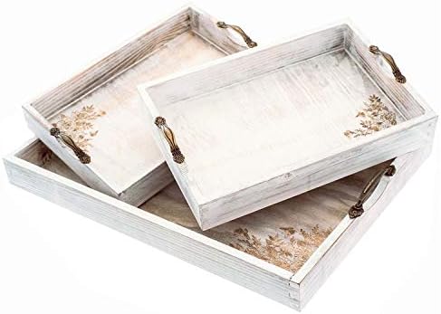 Ottoman Serving Wooden Tray by Carsley – Set of 3 Large Coffee Table Trays – Vintage Rustic Design – Metallic Handles – Eco-Friendly Materials – Ideal for Breakfast, Dessert, Farmhouse Tray Decor