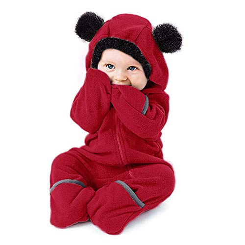 Pocciol Infant Toddler Baby Girls Boys Cartoon Ears Hoodie Romper Jumpsuit Winter Outerwear Coat 0-24 Months (Red, 6-12Months)