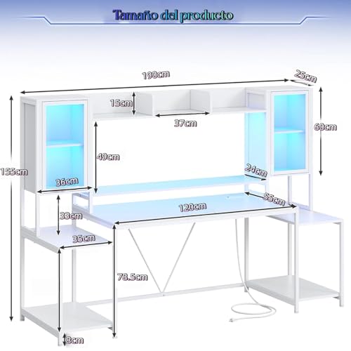 Escritorio gamer 190cm, escritorio para computadora con soporte para monitor, mesa para juegos con luces LED, mesa para PC con cajón y estantes de almacenamiento para dormitorio y sala de estar Blanco