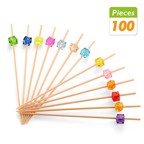 Bamboo Cocktail Toothpicks, Decorative Fruit Skewers of Wedding and Baby Shower. Cute Wooden Party Picks for Appetizer, Drink, Sandwich, and Cupcake. (Assorted Color Crystals, 4.7 Inch -100 Counts)