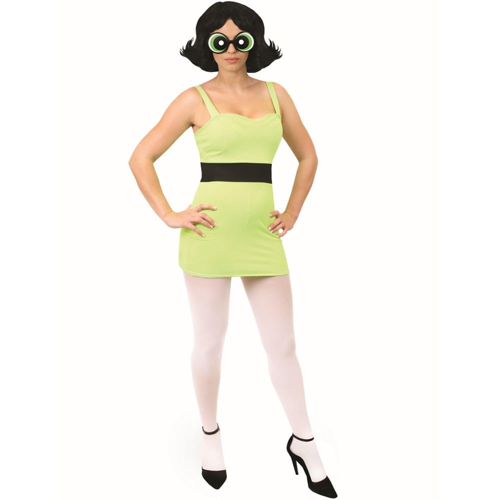 Ladies Powerpuff Girl Buttercup Costume - X-Small - Green Dress with Black Stripe, Wig, Glasses, White Tights - Adults Cartoon TV Show Fancy Dress