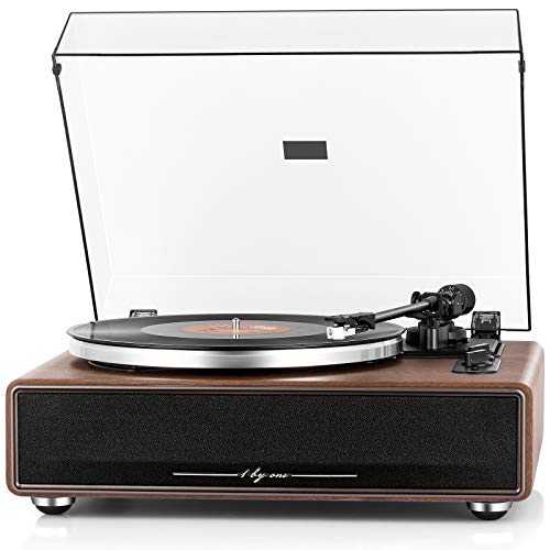 1 BY ONE Plattenspieler mit Integrierten Lautsprechern Bluetooth 33/45 U/min Riemenantrieb MM Vinyl Record Player mit Auto-Stopp Funktion Phono-Vorver