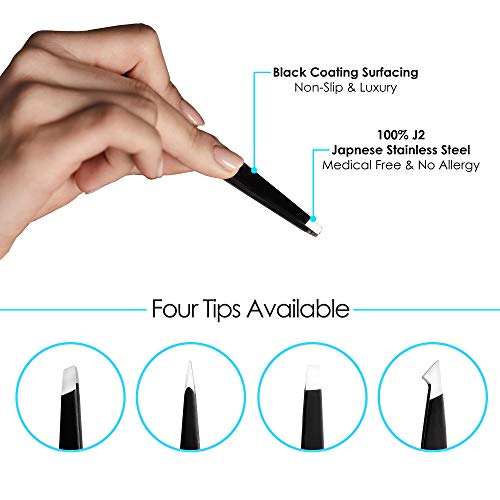 Professional Tweezers Set (4-Piece) - Stainless Steel Precision Tweezers for Ingrown Hair, Facial Hair, Splinter, Blackhead and Tick Remover by Candure (Black)