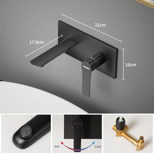 SOLVEX Moderno Grifo de Baño de Montaje en Pared, Monomando Grifo para Lavabo de Baño, Llave Monomando para Lavabo Latón, Grifo de Fregadero de Baño Con Válvula Rugosa, Negro Mate, SP-91003-N