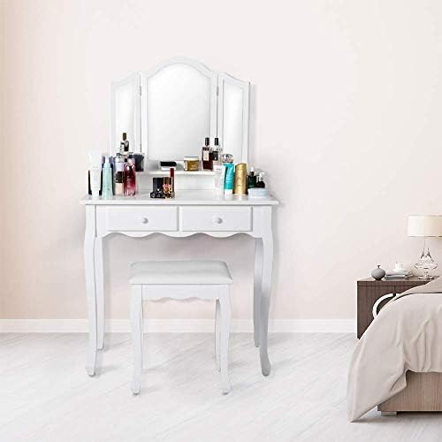 kinsuite Vanity Makeup Table Set Dressing Table Cushioned Stool with Tri Folding Mirror and 4 Sliding Drawers White Wood Furniture for Girls Women