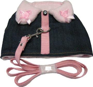 Dog or Cat Pink Collar Denim Jacket Soft Harness (With Leash)Medium