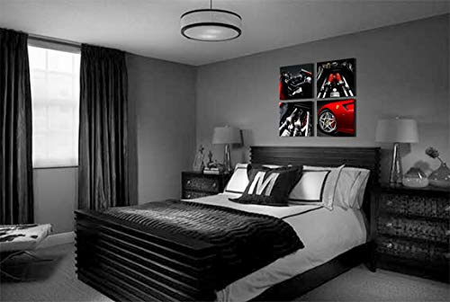 Wall Decorations for Living Room Decor for Men Black and White Wall Art Red Car Decor Ferrari Engine Feature Boy Room Decor Car Posters Home Decorations 4 Piece Framed Canvas Wall Art