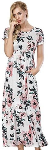 FLYCOOL Floral Print Summer Beach Long Maxi Dresses Ladies Elegant Short Sleeve with Pockets for Beach, Evening Party (White), US Size 14-16/XL