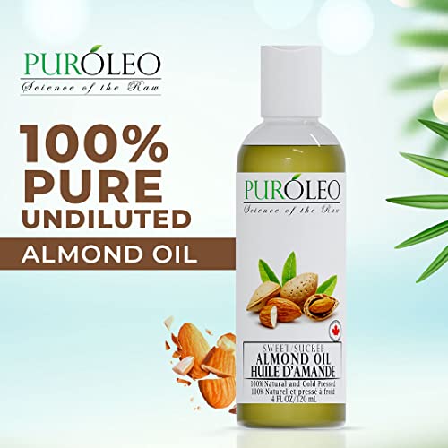 PUROLEO SWEET ALMOND OIL 4 FL OZ/120 ML 100% NATURAL AND PURE | MOISTURIZER & CARRIER OIL | BEAUTY & DIY BLENDS, MASSAGE OIL, BODY OIL, HAIR OIL AND BABY OIL | MADE FROM ALMONDS RAW