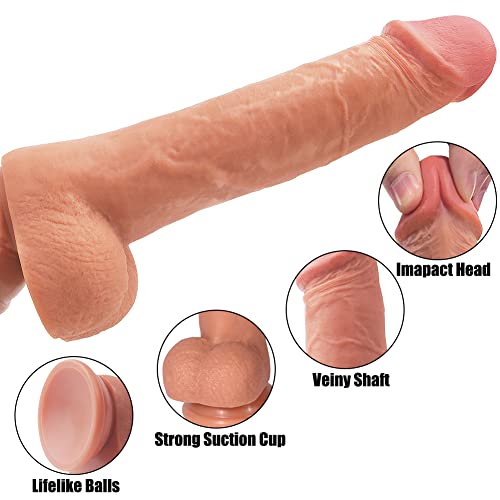 SHEQU Realistic Dildo with Suction Cup for Vagina & Anal Play, 8.8 Inch Ultra-soft Flexible Silicone Penis Dong with Lifelike Glans and Balls for Hands-free Play, Sex Toy for Women Masturbation(Shawn)