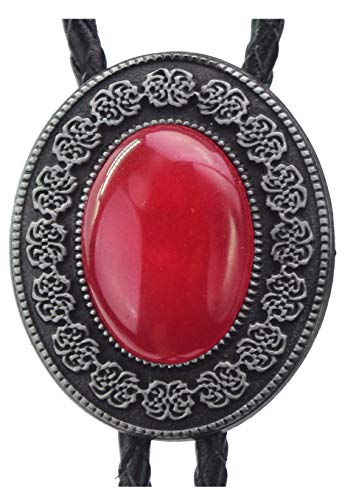 Moranse Bolo Tie with Round Flower And Gem Stone Parterre Style Genuine and Cowhide Rope(Red)