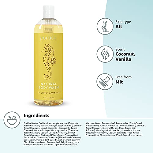 Puracy Body Wash, Coconut & Vanilla, Naturally Skin Softening, Clean