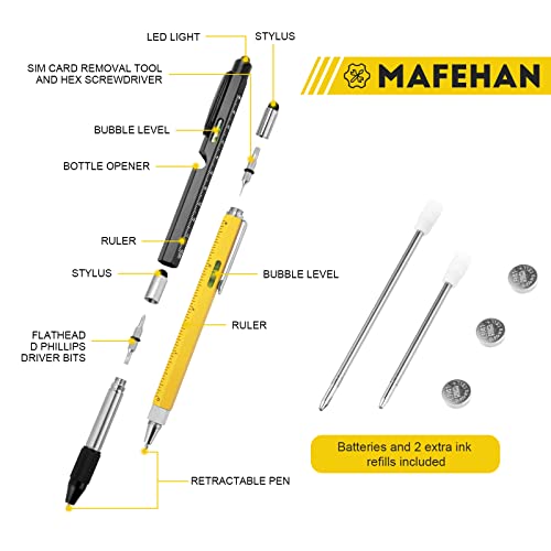 MAFEHAN 10-in 1 Multi-Tool Pen Set (2 Pack) Birthday Gifts for Men - LED Light, Stylus, Ruler, Level, Bottle Opener, Screwdriver, Ballpoint, Sim Card Remover - Stocking Stuffers Mens Gifts