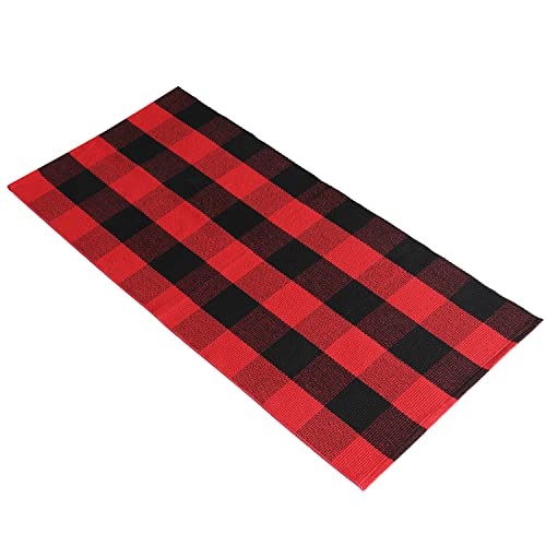 VUDECO Buffalo Plaid Rug 23.5” x 52” Red and Black Check Front Door Mat