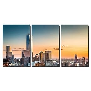 3 Piece Canvas Wall Art - Lower Manhattan Skyline at Sunset - Modern Home Art Stretched and Framed Ready to Hang - 16"x24"x3 Panels
