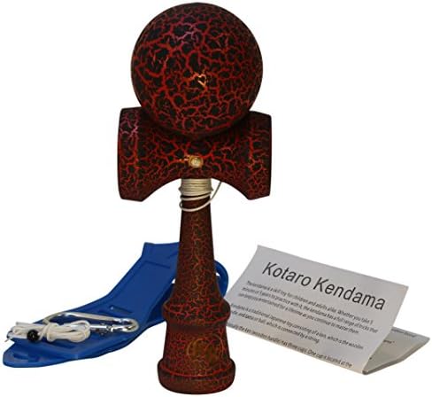 Kotaro Kendama Beech Hardwood Pro Kendama with Red and Black Crackle Finish Deluxe Pro Toy Catch Game with Extra String and Carrying Holster