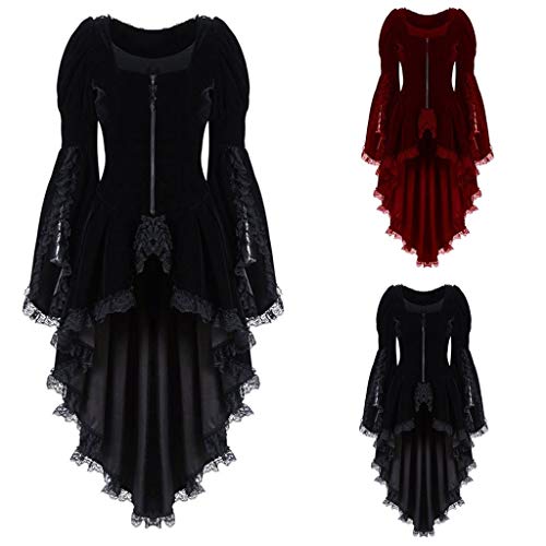 Aunimeifly Ladies Long Sleeve Waist Lace Panel Tuxedo Women Vintage Lace Stitching Jacket Zip Overcoat Red - Thumbnail 2