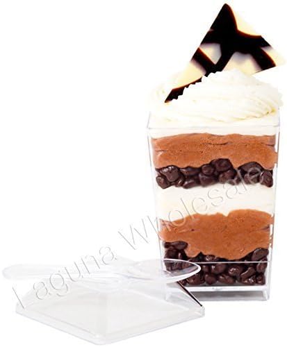 SupaCute Desserts Clear Plastic Reusable Tiramisu Party Dessert Cups with Snap Lid Containers and Dessert Spoons. Set of 100 Parfait Glasses, 100 Lids and 100 Serving Spoons. Recyclable - Washable - Freezable - Disposable. by SupaCute Desserts