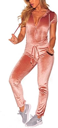 Misstyle Women Sexy Deep V Neck Short Sleeves Unitard Velour Sports Jumpsuit (Red, XL)