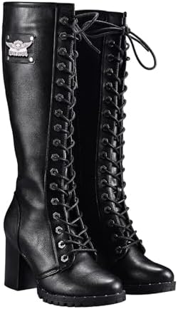 Amazon.com | Women's Knee High Boots Black With Lace Up Design, PU