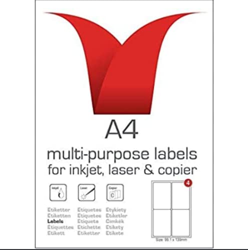 Multi-Purpose A4 White Self-Adhesive Labels - Die Cut, 99.1 x 139mm, 4 Labels per Sheet, 100 Sheets per Box