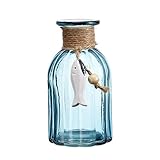 V-More Light Blue Flower Bud Vase Jute Rope Fish Glass Bottle Ribbed Design 5.5-inch Tall Home Decor Wedding Party Celebration (Set of 3)
