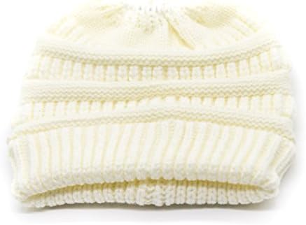Sien Eight Stretchy Messy Bun Beanie Knit Acrylic Ribbed Winter Ponytail Hat, Width 7.5 inches Stretches To 13 inches, Cream