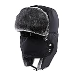 KOBWA Unisex Winter Trapper Hat Ushanka Trooper Bomber Cap with Ear Flap Chin Strap Mask for Skiing/ Hunting/ Outdoor Work- Black