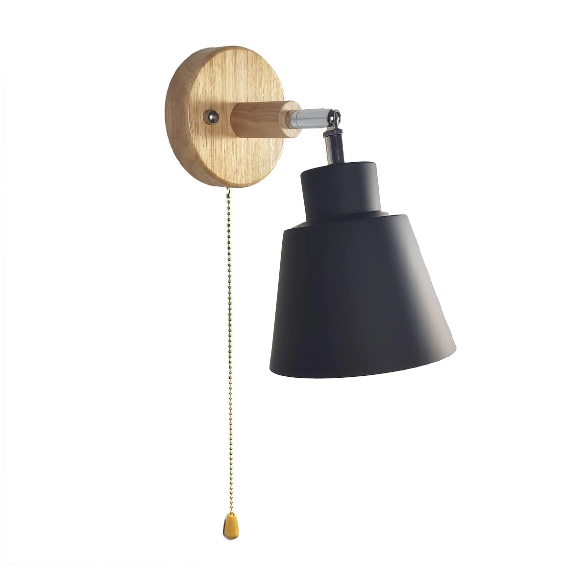 Modern Wall Lamp Sconce with Pull Cord Switch Indoor Bedside Wall Light E27 Base Industrial Bedroom Living Room Metal Lighting Fixture 350°Rotatable Lamp Body, Black
