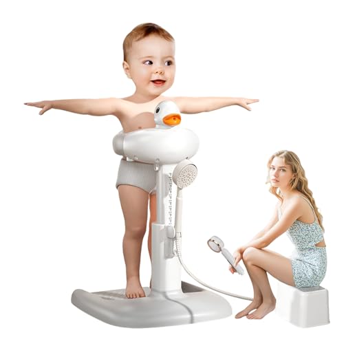 Duck Standing Baby Bath Station, Adjustable 65cm Height with Anti-Slip Base & Detachable Shower Holder, 360° Cleaning for 6+ Months, ABS BPA-Free (Gray)​​