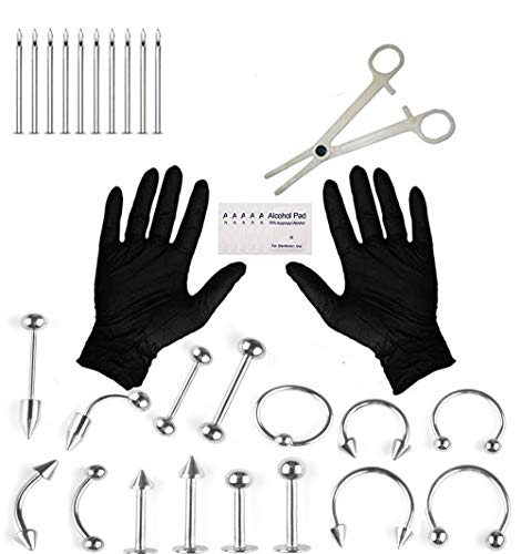 Jconly Piercing Kit - 33Pcs Professional Body Piercing Kit Surgical Steel Piercing Needles 14G,16G Piercing Clamps Belly Ring Tongue Tragus Nipple Nose, Body Piercing Tools - Thumbnail 5