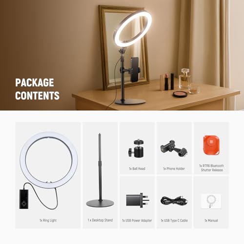 NEEWER 12" 24W High Power Desk Ring Light with Stand/Phone Holder, LED Selfie Video Conference Lighting for iPhone Streaming Makeup Vlog Recording Laptop Computer Webcam Zoom Call Podcast, RH12B
