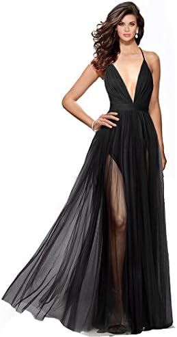 Alluring deep v-Neckline Spaghetti Straps Criss-Cross Open Back Tulle Dual Front Slits Evening Prom Formal Dress