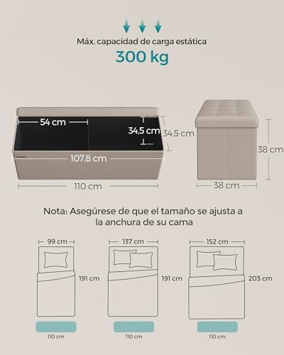 Puff Almacenaje, Baúl de Almacenaje Plegable, 38 x 110 x 38 cm, Taburete Reposapiés, Banco de Cubo, Soporta hasta 300 kg, para Sala de Estar, Dormitorio, Entrada, Marrón Camello LSF070K03