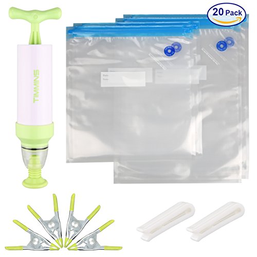Click Here to See More Images Sous Vide Bags Kit for Anova Cookers-20 BPA Free Food Vacuum Sealed Bags, Sous Vide Cooker Practical for Food Storage and Cooking, 1 Hand Pump, 2 Bag Sealing Clips and 4 Sous Vide Clips, Easy to Use
