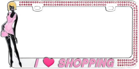 Valor Auto Companion LPF2MC019PNK Fashionable "I LOVE SHOPPING" Design Metal License Plate Frame with Pink Crystals